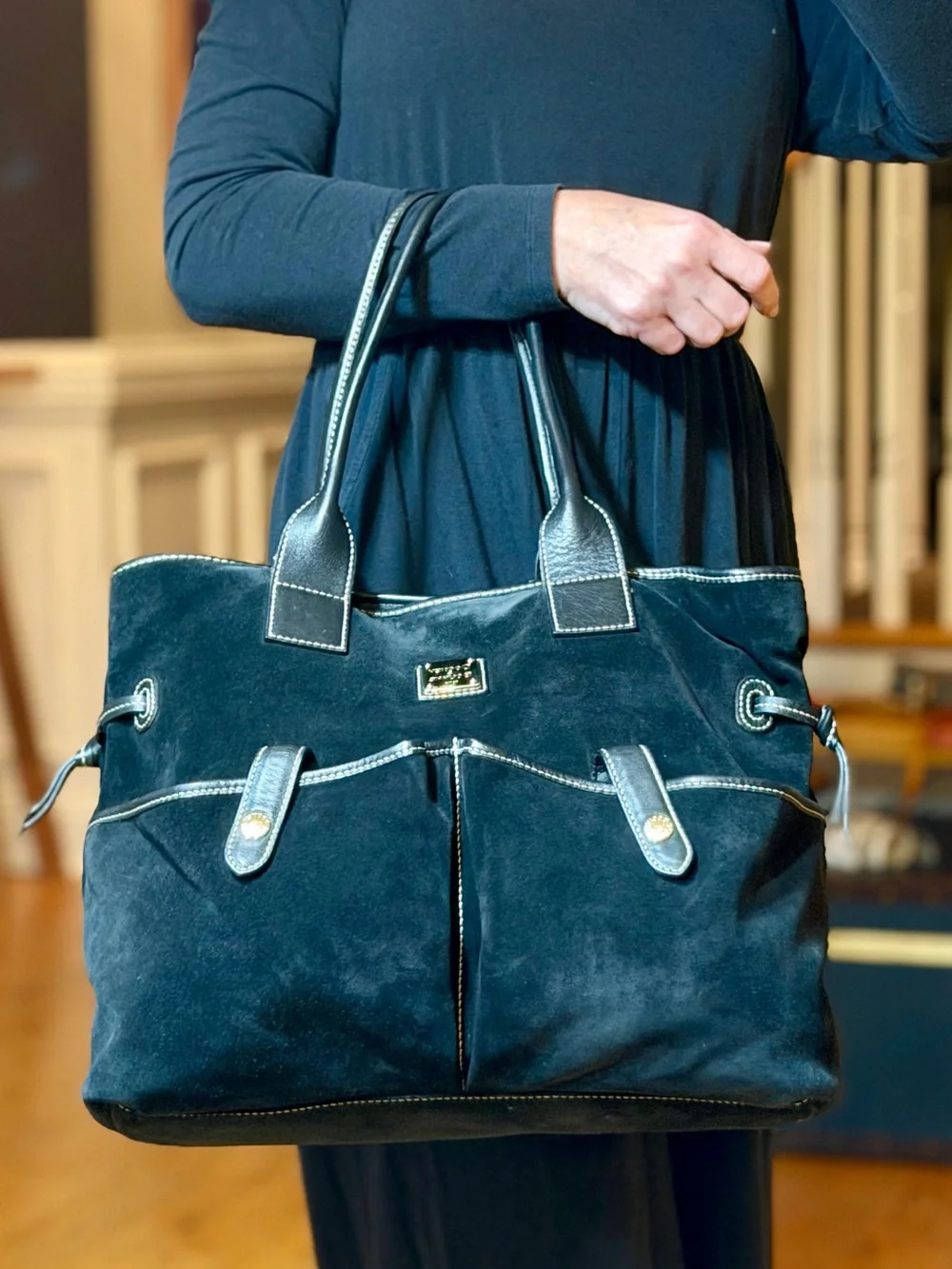 Dooney & Bourke Y2K Late 2000s Dillen Suede Double Pocket Satchel Black